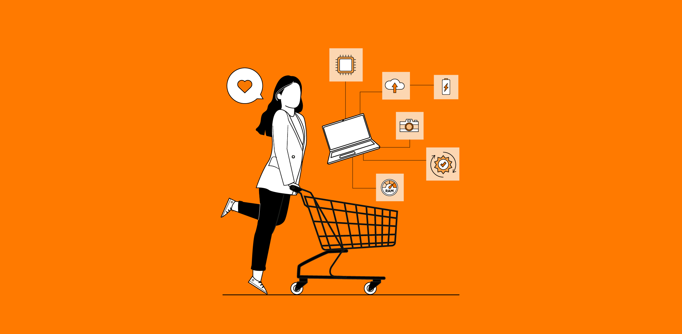 Digital shelf analytics illustration showing online shopper with laptop and shopping trolley surrounded by ecommerce technology icons