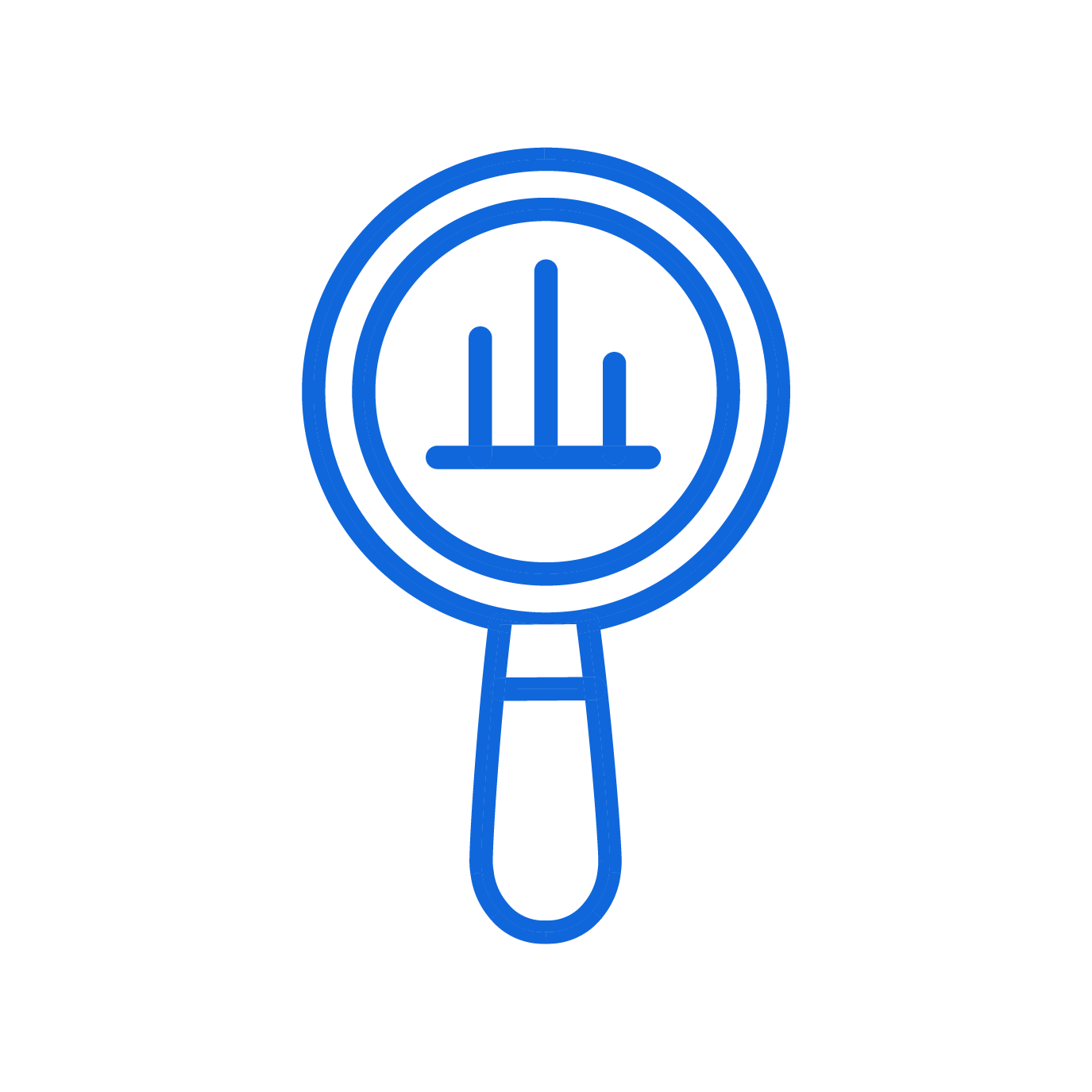 A blue icon of a magnifying glass with a bar chart inside, that represents a Product Benchmarking.