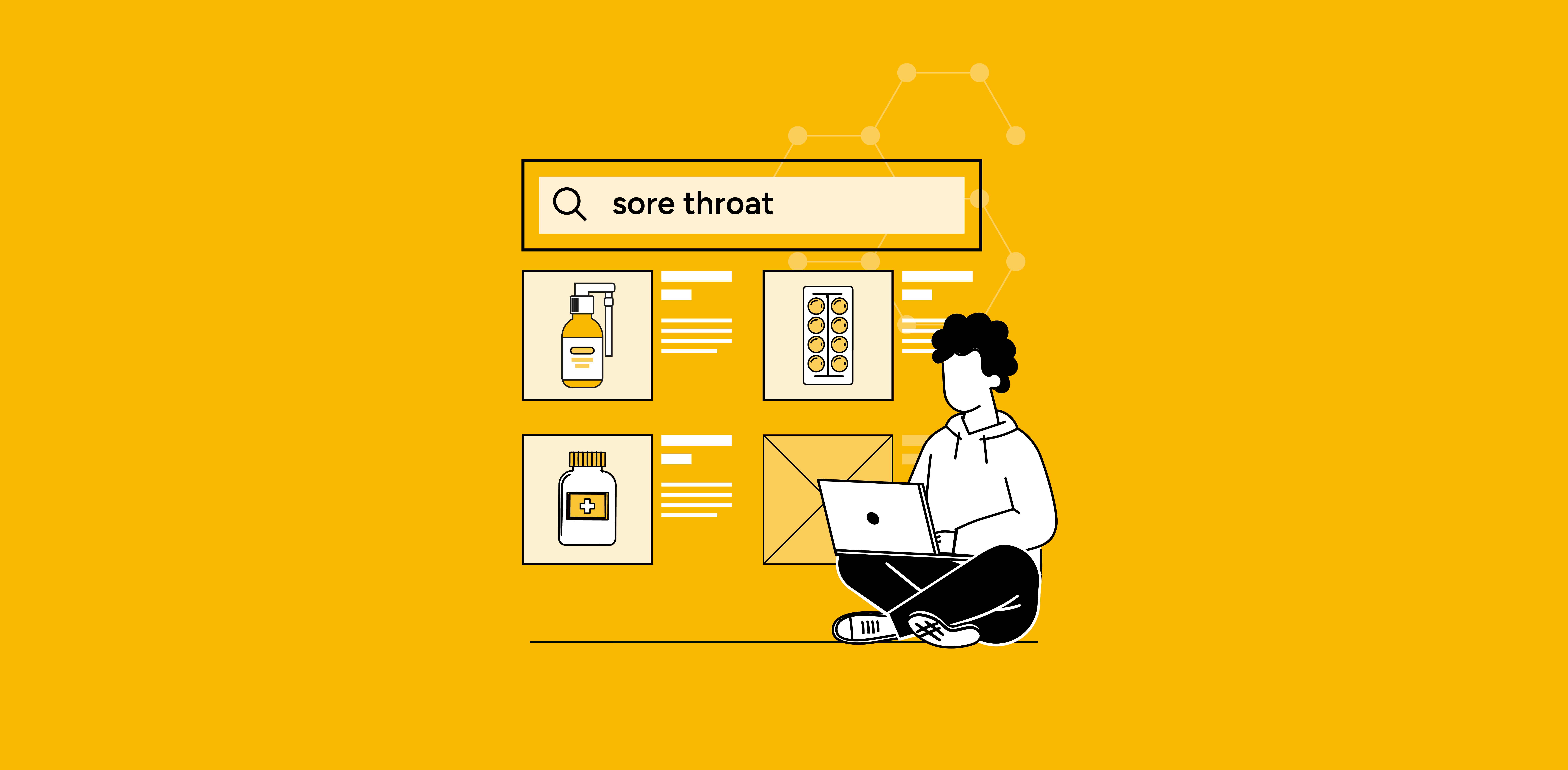 erson researching sore throat treatments online with product listings and remedies displayed on screen