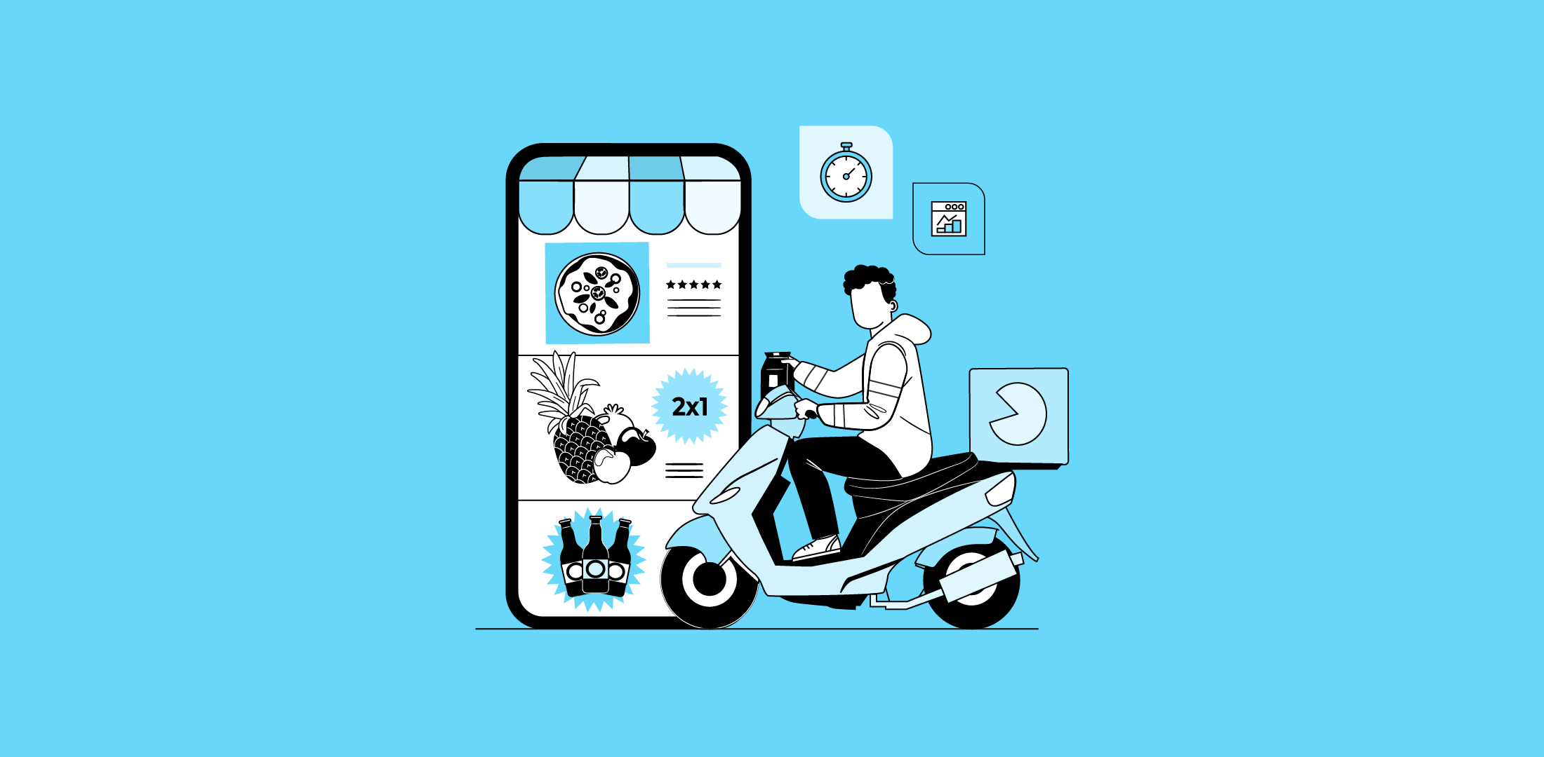 Quick commerce fulfilment linking mobile app ordering and rapid courier delivery for instant grocery orders.